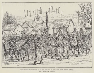 Mouvements militaires russes en Pologne, cosaques en marche vers le sud passant par Kuznica